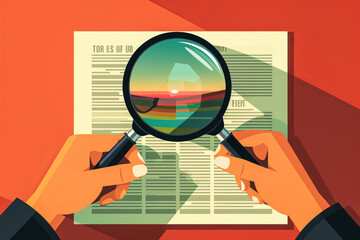 Flat design shows a hand with magnifying glass over newspaper focus on 'Truth', symbolizing press freedom, democratic transparency and journalism integrity.