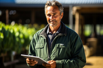 Authoritative insurance specialist in comfortable business attire efficiently assesses and documents agricultural equipment damage, evoking trust and experience.