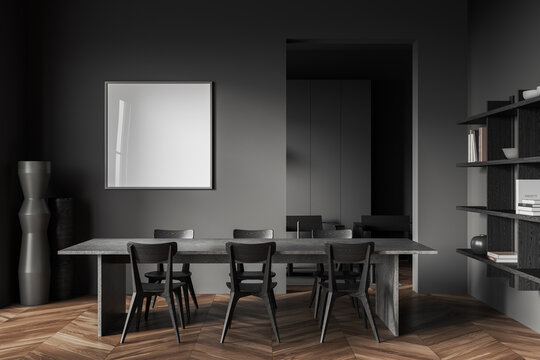 Grey eating room interior with decoration and dining table, mockup frame