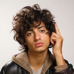 Professional studio head shot of a tired 26-year-old Latino boy looking up right and giving a thumbs up.
