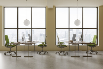 Yellow open space office interior with windows