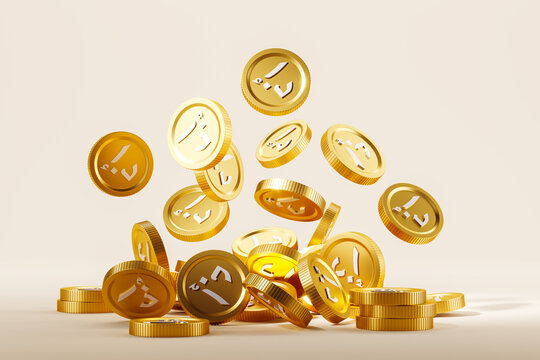 Heap of gold dirham coins falling on beige background
