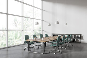 Stylish business room interior with meeting board and chairs, panoramic window