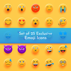 Set of 25 Exclusive 3d Emoji Icons. Vector Illustration.