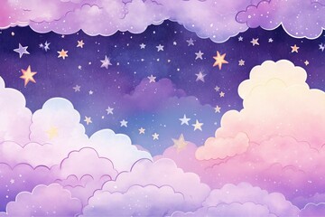  stars rainbows and clouds frame on purple watercolor background  