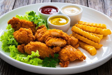 Seared breaded chicken nuggets with French fries on wooden table
