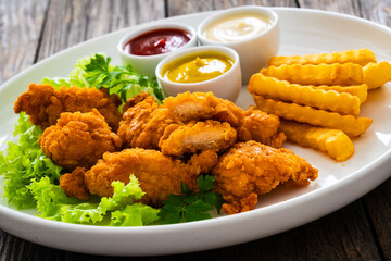 Seared breaded chicken nuggets with French fries on wooden table
