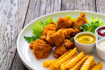 Seared breaded chicken nuggets with French fries on wooden table

