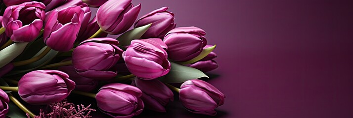 Fototapeta premium tulips on purple background, copy space