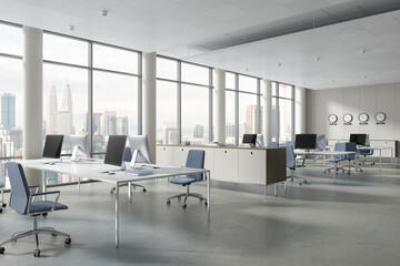 White open space office interior with clocks