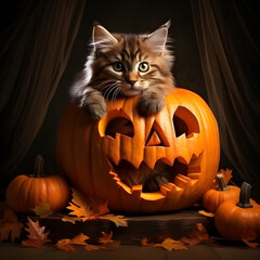 Kitten in a halloween pumpkin.