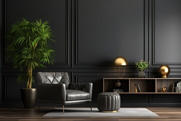 Home interior, luxury modern dark living room interior, poster frame mock up, 3d render