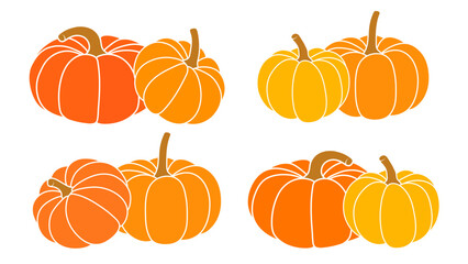 Colorful autumn pumpkins. Collection of orange pumpkins for Halloween and Thanksgiving design.