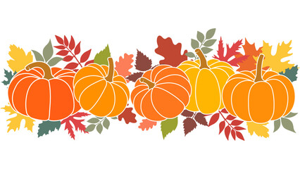 Colorful autumn pumpkins and leaves. Collection of orange pumpkins for Halloween and Thanksgiving design.