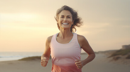 Morning Beach Jog: Middle-Aged Woman Finding Solitude and Energy in a Refreshing Run by the Shore.