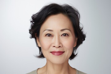 Fototapeta premium Portrait of Middle Aged Asian Woman with Natural Makeup and Several Gray Hairs on Top of her Head.