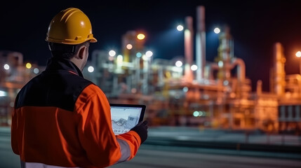 Engineering working hold smart tablet in the oil and gas industry at night , fuel and power generation, Petrochemical factory industry background , Created with Generative Ai Technology - obrazy, fototapety, plakaty