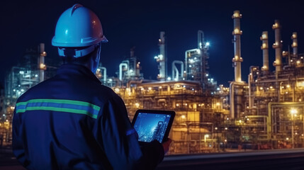 Fototapeta na wymiar Engineering working hold smart tablet in the oil and gas industry at night , fuel and power generation, Petrochemical factory industry background , Created with Generative Ai Technology