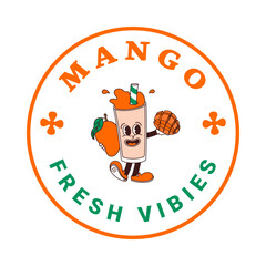 Fototapeta premium Sticker of character mango juice or smoothie in cartoon style. Isolated vector label of groovy fruit drink mascots in retro style on transparent background for logo, emblem and your design