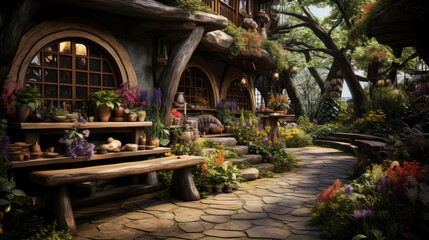 Obraz premium Neat beds of aromatic wonders with wooden plank pathways and stone markers.