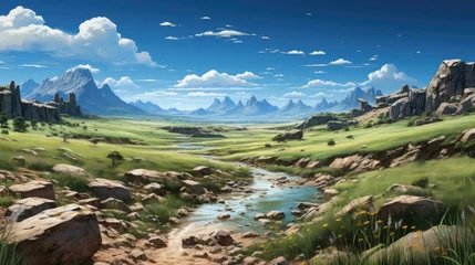 Foto op Plexiglas Vast grasslands with ancient rocks and occasional hills. © GraphicsRF