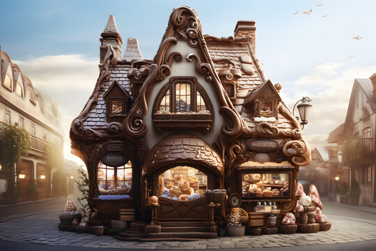 Chocolate house - sweet store in a town. Photorealistic rendering.