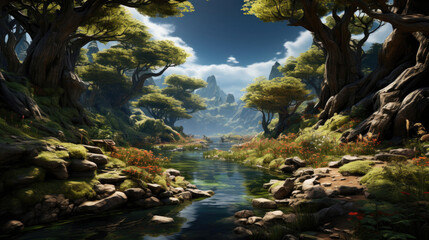 Fototapeta premium Hyper-realistic fantasy forest with tall grass, sunlight filtering through dense canopy, and a clear pond surrounded by shadowy rocks.