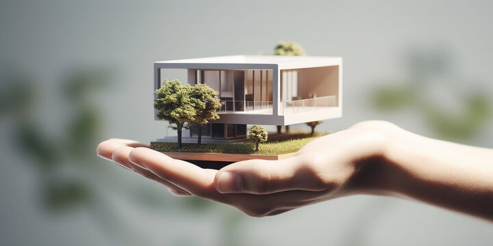Das Traumhaus als Miniatur in der eigenen Hand halten KI