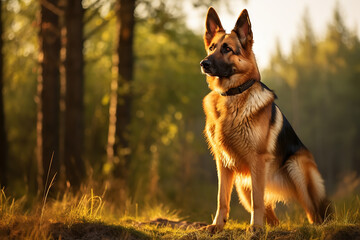 A German Shepherd standing in the sunlight, attentively gazing into the distance - obrazy, fototapety, plakaty