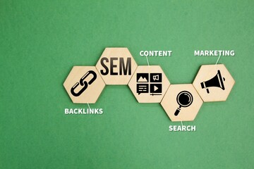 hexagon with the letter SEM and its associated icon. marketing, search, content and backlinks....