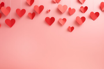Paper hearts on light red background 