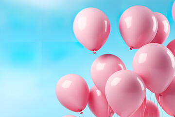 Fototapeta na wymiar Pink balloons on pastel blue background 