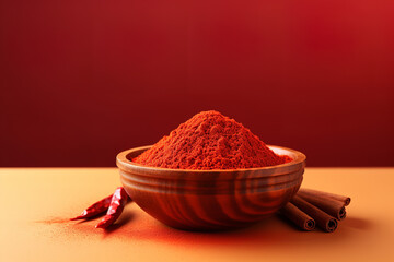 Red hot chili powder in wooden bowl on light red background 