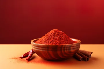 Wall murals Hot chili peppers Red hot chili powder in wooden bowl on light red background 