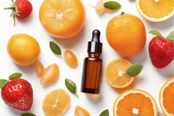 Bottle of orange essential oil and citrus fruits on orange background, top view