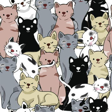 Cute kitty cat family seamless pattern