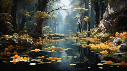 A hyper-realistic fantasy swamp in summer with golden reflections and floating lily pads.