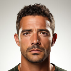 Fototapeta premium Professional studio head shot of a flustered 36-year-old Latino man, eyes looking down.