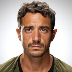 Fototapeta premium Professional studio head shot of a flustered 36-year-old Latino man, eyes looking down.