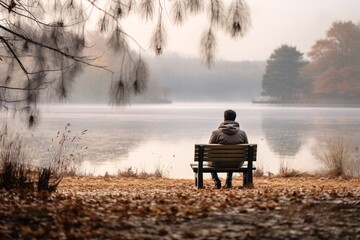 a man on a park bench during a misty morning, draped in a cardigan sweater with large buttons
