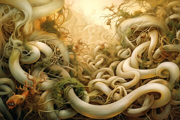 Tangled Fantasy Forms.  Generative AI.
A digital rendering of a surrealistic fantasy scene with tangled forms.