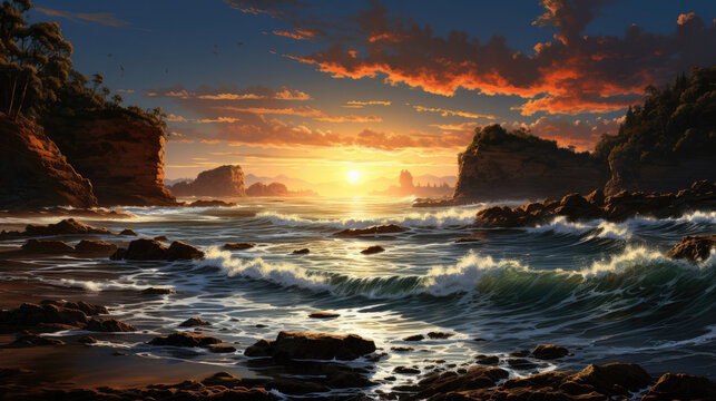 A breathtaking hyper-realistic fantasy coastline at sunrise with gentle waves, sandy shores, and tall cliffs casting long shadows on the beach.