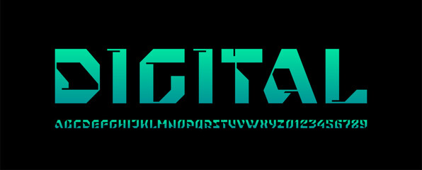 Hi tech techno alphabet font, for your future space design logo or brand name or game, cropped letters and numbers, vector illustration 10EPS