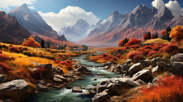 Trees wearing cloaks of orange and red, a crisp carpet of grass cut by a winding river, and large boulders standing sentinel in a hyper-realistic fantasy mountain scene during autumn.
