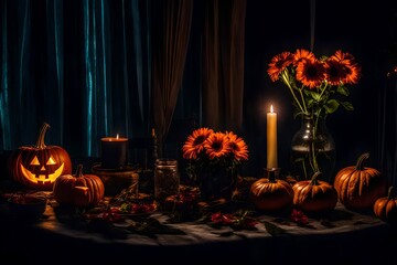 Halloween is on a table in a room. There is a light in the room. There is lighting in the room. There are flowers in the room