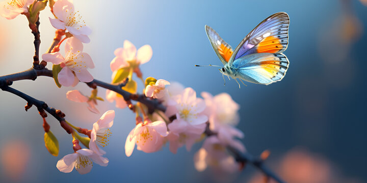 Beautiful butterfly sitting on pink flower apricot tree on light blue and violet background