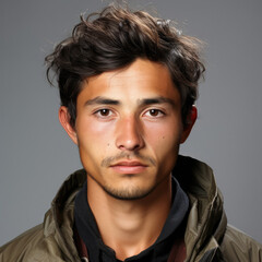 Fototapeta premium Professional studio head shot of a 29-year-old Central Asian boy with an intrigued expression, looking to the right.