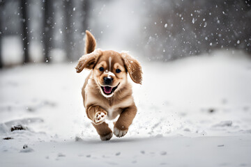 A puppy running around on a snowy day. Generative AI