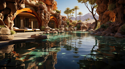Obraz premium A hyper-realistic fantasy oasis with palm trees and a clear pool surrounded by golden sands and smooth stones.