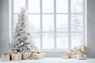 Christmas White Home Interior with Christmas tree, generative AI